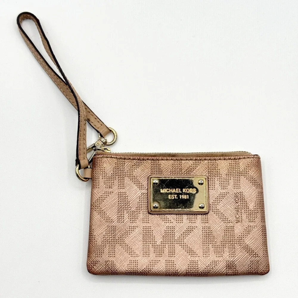 Michael Kors Rose Gold Signature Monogram Wristlet Pouch Card Holder